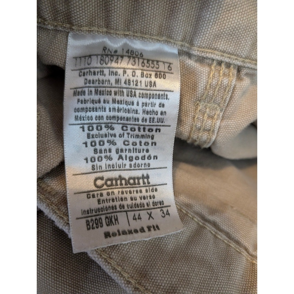 Men's Carhartt Pants 44 x 32 Relaxed Fit Khaki Canvas Work Jeans B299 Destructed - Picture 3 of 11